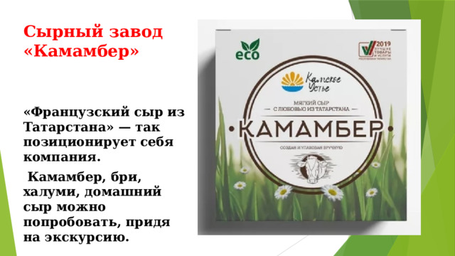 Сырный завод «Камамбер»    «Французский сыр из Татарстана» — так позиционирует себя компания.  Камамбер, бри, халуми, домашний сыр можно попробовать, придя на экскурсию. 