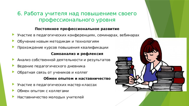6. Работа учителя над повышением своего профессионального уровня   Постоянное профессиональное развитие Участие в педагогических конференциях, семинарах, вебинарах Обучение новым методикам и технологиям Прохождение курсов повышения квалификации Самоанализ и рефлексия Анализ собственной деятельности и результатов Ведение педагогического дневника Обратная связь от учеников и коллег Обмен опытом и наставничество Участие в педагогических мастер-классах Обмен опытом с коллегами Наставничество молодых учителей 