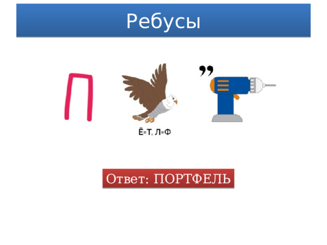 Ребусы Ответ: ПОРТФЕЛЬ 