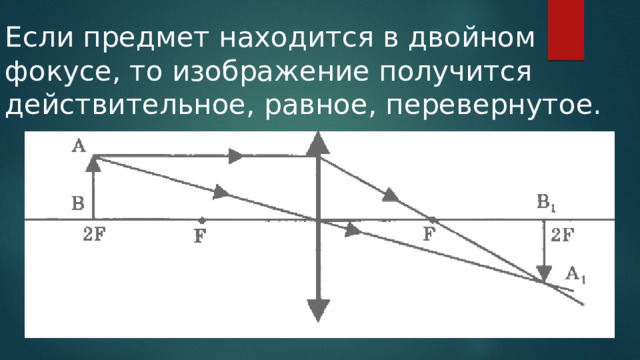 Если предмет находится в двойном фокусе, то изображение получится действительное, равное, перевернутое. 