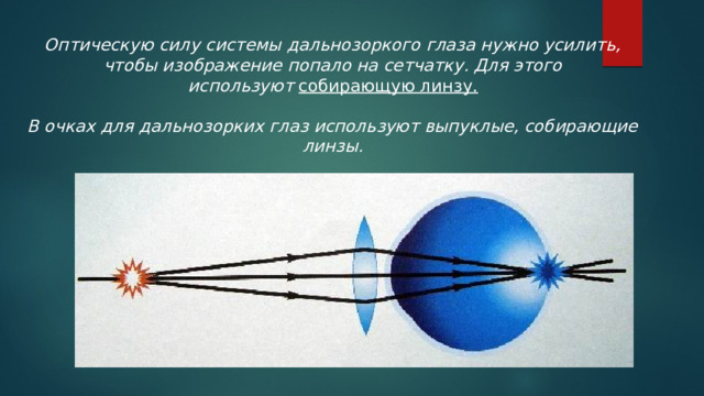 Оптическую силу системы дальнозоркого глаза нужно усилить, чтобы изображение попало на сетчатку. Для этого используют  собирающую линзу.  В очках для дальнозорких глаз используют выпуклые, собирающие линзы. 