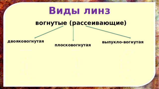 Виды линз вогнутые  (рассеивающие) двояковогнутая выпукло-вогнутая плосковогнутая 