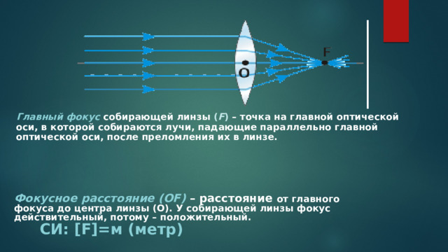 Главный фокус  собирающей линзы ( F ) – точка на главной оптической оси, в которой собираются лучи, падающие параллельно главной оптической оси, после преломления их в линзе.  Фокусное расстояние (ОF)  – расстояние от главного фокуса до центра линзы (О). У собирающей линзы фокус действительный, потому – положительный. СИ: [F]=м (метр) 