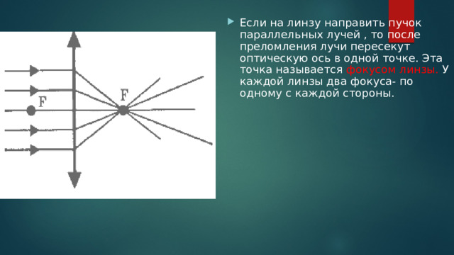 Если на линзу направить пучок параллельных лучей , то после преломления лучи пересекут оптическую ось в одной точке. Эта точка называется фокусом линзы. У каждой линзы два фокуса- по одному с каждой стороны. 