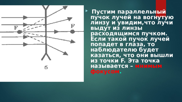  Пустим параллельный пучок лучей на вогнутую линзу и увидим,что лучи выдут из линзы расходящимся пучком. Если такой пучок лучей попадет в глаза, то наблюдателю будет казаться, что они вышли из точки F. Эта точка называется – мнимым фокусом .  