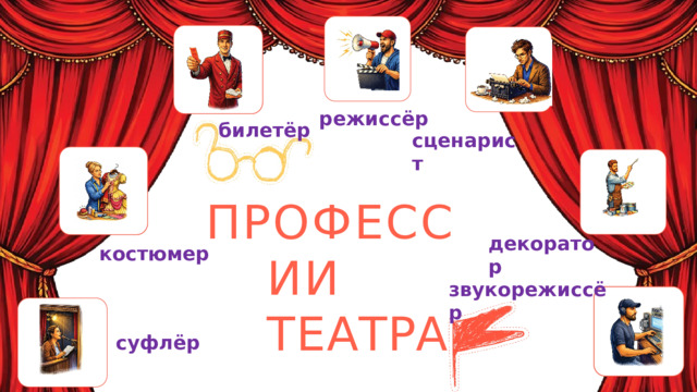 режиссёр билетёр сценарист ПРОФЕССИИ Т Е А Т Р А декоратор костюмер звукорежиссёр суфлёр 