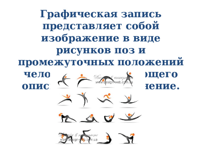 Графическая запись представляет собой изображение в виде рисунков поз и промежуточных положений человека, выполняющего описываемое упражнение.   