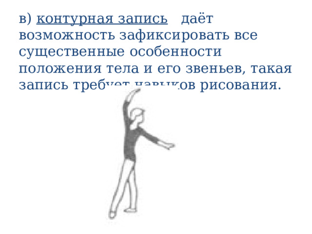 в) контурная запись даёт возможность зафиксировать все существенные особенности положения тела и его звеньев, такая запись требует навыков рисования. 