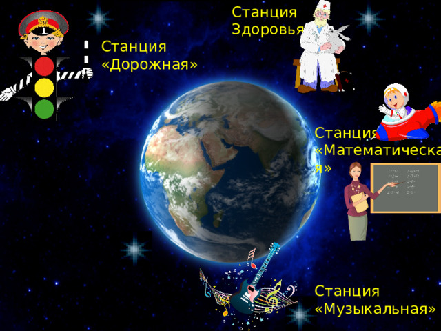 Станция Здоровья Станция «Дорожная» Станция «Математическая» Станция «Музыкальная» 