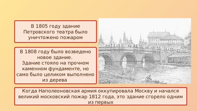 В 1805 году здание Петровского театра было уничтожено пожаром В 1808 году было возведено новое здание. Здание стояло на прочном каменном фундаменте, но само было целиком выполнено из дерева Когда Наполеоновская армия оккупировала Москву и начался великий московский пожар 1812 года, это здание сгорело одним из первых 