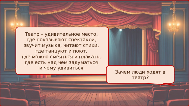 Театр – удивительное место, где показывают спектакли, звучит музыка, читают стихи, где танцуют и поют, где можно смеяться и плакать, где есть над чем задуматься и чему удивиться Зачем люди ходят в театр? 