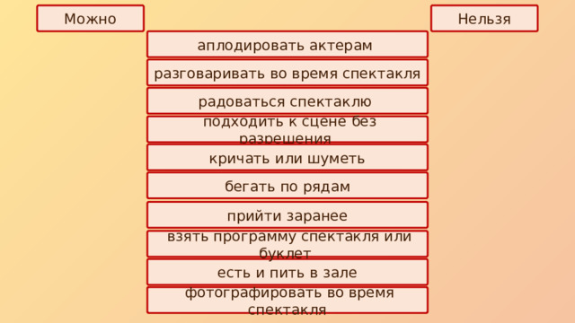 Можно Нельзя аплодировать актерам разговаривать во время спектакля радоваться спектаклю  подходить к сцене без разрешения  кричать или шуметь  бегать по рядам  прийти заранее  взять программу спектакля или буклет  есть и пить в зале  фотографировать во время спектакля 