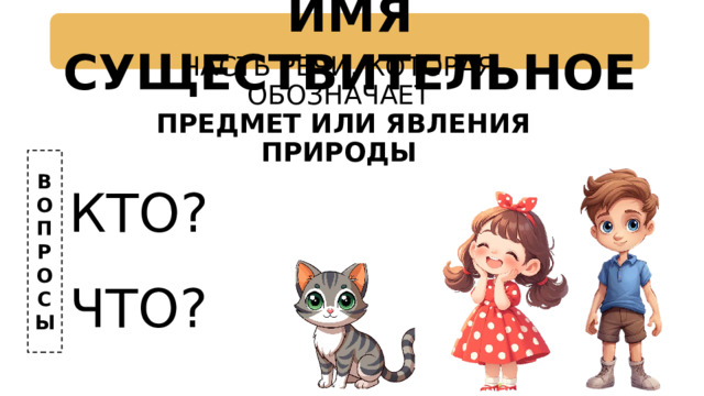 ИМЯ СУЩЕСТВИТЕЛЬНОЕ ЧАСТЬ РЕЧИ, КОТОРАЯ ОБОЗНАЧАЕТ  ПРЕДМЕТ ИЛИ ЯВЛЕНИЯ ПРИРОДЫ КТО? ЧТО? В О П Р О С Ы 