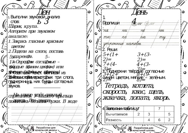 День  4 День  3 1.  Пропиши: Выполни  звуковой  анализ  слов: Шарик,  крупа. Алгоритм  при  звуковом  анализе: Закрась  гласные  красным  цветом Закрась  гласные  красным  цветом Подели  на  слоги,  поставь  ударение. Подели  на  слоги,  поставь  ударение. Определи  согласные  –  твёрдые  (синим цветом)  или  мягкие  (зелёным  цветом) Определи  согласные  –  твёрдые  (синим цветом)  или  мягкие  (зелёным  цветом) 2.  Реши  примеры: 2.  Реши: 5+(1+2)= 7+(4- 3)= 3+(2+2)= 3+(3- 2)= 4+(3-3)= 8+(9- 8)= 5+1= 7- 2= 5- 2= 4+3= 6+1= 6- 3= 2+6= 7- 4= 5+2=  Подчеркни  твёрдые  согласные  синим  цветом, мягкие  –  зелёным. Тетрадь,  котлета,  скорость,  квас,  щель,  жвачка,  лопата,  якорь. Заполни  таблицу: 3.  Озаглавь  текст.  Выпиши  из  текста  слова,  в которых  три  слога,  подчеркни  в  них  буквы согласных  звуков. На  улице  идёт  сильный  дождь.  Все  звери спрятались.  У  нашего  крыльца  появились  большие лужи.  В  воде  плавают  разноцветные  листья. 