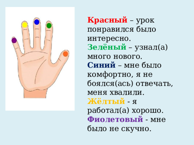 Красный – урок понравился было интересно. Зелёный  – узнал(а) много нового. Синий – мне было комфортно, я не боялся(ась) отвечать, меня хвалили. Жёлтый  - я работал(а) хорошо. Фиолетовый  - мне было не скучно. 