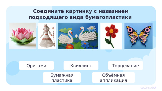 Соедините картинку с названием подходящего вида бумагопластики Квиллинг Оригами Торцевание Объёмная Бумажная аппликация пластика Открытие нового знания  — Соедините картинку с названием подходящего вида бумагопластики. 