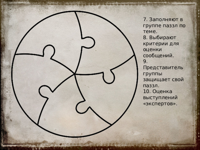 7. Заполняют в группе паззл по теме. 8. Выбирают критерии для оценки сообщений. 9. Представитель группы защищает свой паззл. 10. Оценка выступлений «экспертов». 