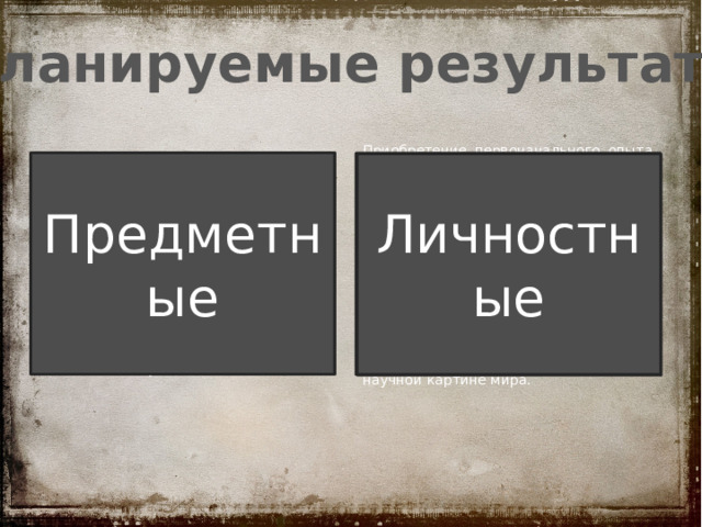 Планируемые результаты Личностные - знать ключевые даты, события, персоналии, связанные с Южно-Сахалинской наступательной и Курильской десантной операциями. Предметные Приобретение первоначального опыта деятельности обучающихся в части: 1) гражданско-патриотического воспитания •  формирование гражданской идентичности, чувства гордости за свой край; 2) духовно-нравственного воспитания •  применение правил совместной деятельности; 3) ценности научного познания •  ориентация в деятельности на первоначальные представления о научной картине мира. 