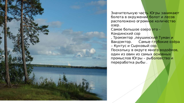 Значительную  часть  Югры  занимают  болота в  окружении  болот  и  лесов  расположено огромное  количество  озер. Самое  большое  озеро  это  -  Кондинский  сор ,  Тромэмтор  ,леушинский  Туман  и Вандэмтор.  Самые  глубокие  озёра  –  Кунтус и  Сырковый  сор. Поскольку  в  округе  много  водоёмов,  один из  овин  из  самых  основных  промыслов Югры  –  рыболовство  и  переработка  рыбы . 