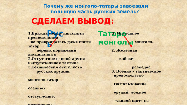 Почему же монголо-татары завоевали большую часть русских земель? СДЕЛАЕМ ВЫВОД: Русь Татаро - монголы 1.Вражда между князьями  1. Численное превосходство  не прекращалась даже после  монголо-татар  первых поражений  2. Железная дисциплина в 2.Отсутствие единой армии  войске; наступательная тактика, 3.Техническая отсталость  разведка  русских дружин  3. Военно – тактическое   превосходство монголо-татар   (использование осадных   орудий, ложное отступление,   «живой щит» из пленников) 