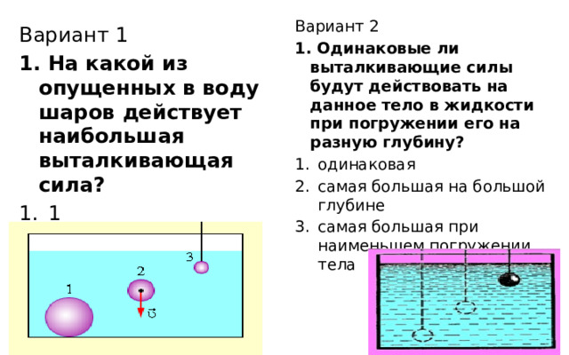Вариант 2 1. Одинаковые ли выталкивающие силы будут действовать на данное тело в жидкости при погружении его на разную глубину? одинаковая самая большая на большой глубине самая большая при наименьшем погружении тела Вариант 1 1. На какой из опущенных в воду шаров действует наибольшая выталкивающая сила? 1 2 3 у всех одинаковая 