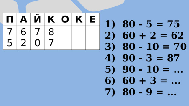 П А 75 Й 62 К 70 О 87 К Е  80 - 5 = 75  60 + 2 = 62  80 - 10 = 70  90 - 3 = 87  90 - 10 = ...  60 + 3 = ...  80 - 9 = ... 