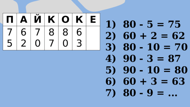 П А 75 Й 62 К 70 О 87 К 80 Е 63  80 - 5 = 75  60 + 2 = 62  80 - 10 = 70  90 - 3 = 87  90 - 10 = 80  60 + 3 = 63  80 - 9 = ... 