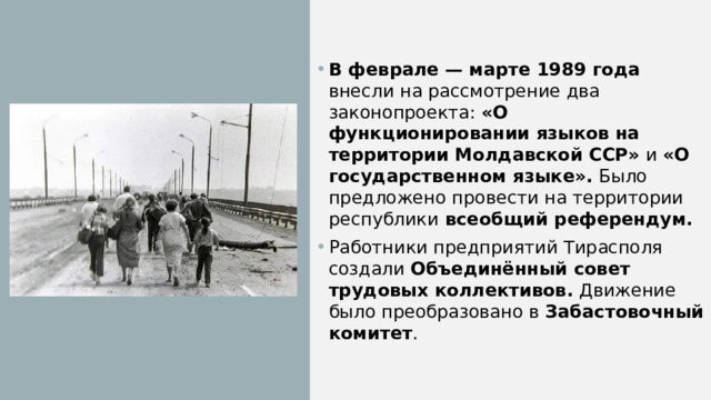 В феврале — марте 1989 года внесли на рассмотрение два законопроекта: «О функционировании языков на территории Молдавской ССР»  и «О государственном языке». Было предложено провести на территории республики всеобщий референдум. Работники предприятий Тирасполя создали Объединённый совет трудовых коллективов. Движение было преобразовано в Забастовочный комитет . 