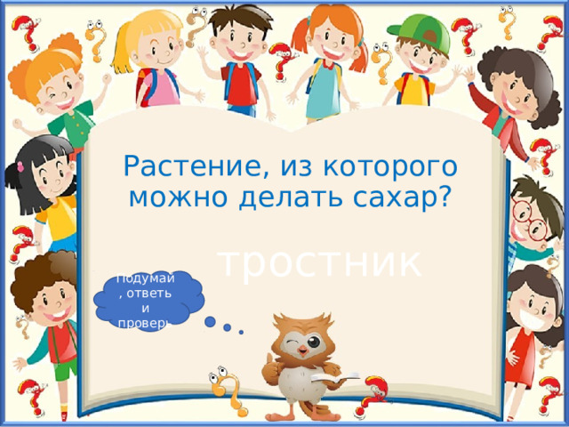 Растение, из которого можно делать сахар? тростник Подумай, ответь и проверь 