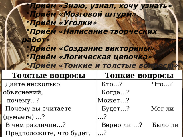 Приём «Знаю, узнал, хочу узнать» Приём «Мозговой штурм» Приём «Уголки» Приём «Написание творческих работ» Приём «Создание викторины» Приём «Логическая цепочка» Приём «Тонкие и толстые вопросы» Толстые вопросы Дайте несколько объяснений,  почему...? Тонкие вопросы Почему вы считаете (думаете) ...? Кто…? Что…? В чем различие…? Когда…? Может…? Предположите, что будет, если ...? Будет…? Мог ли …? Что, если…? Верно ли …? Было ли …? Как звали …? Согласны ли Вы…? 
