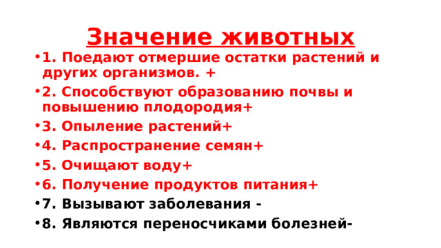 Значение животных 1. Поедают отмершие остатки растений и других организмов. + 2. Способствуют образованию почвы и повышению плодородия+ 3. Опыление растений+ 4. Распространение семян+ 5. Очищают воду+ 6. Получение продуктов питания+ 7. Вызывают заболевания - 8. Являются переносчиками болезней- 
