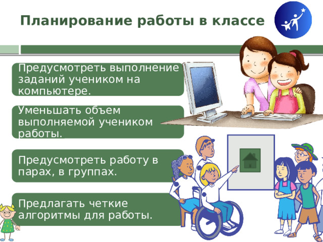 Планирование работы в классе Предусмотреть выполнение заданий учеником на компьютере. Уменьшать объем выполняемой учеником работы. Предусмотреть работу в парах, в группах. Предлагать четкие алгоритмы для работы. 