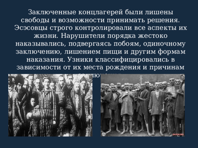 Заключенные концлагерей были лишены свободы и возможности принимать решения. Эсэсовцы строго контролировали все аспекты их жизни. Нарушители порядка жестоко наказывались, подвергаясь побоям, одиночному заключению, лишением пищи и другим формам наказания. Узники классифицировались в зависимости от их места рождения и причинам заключения. 