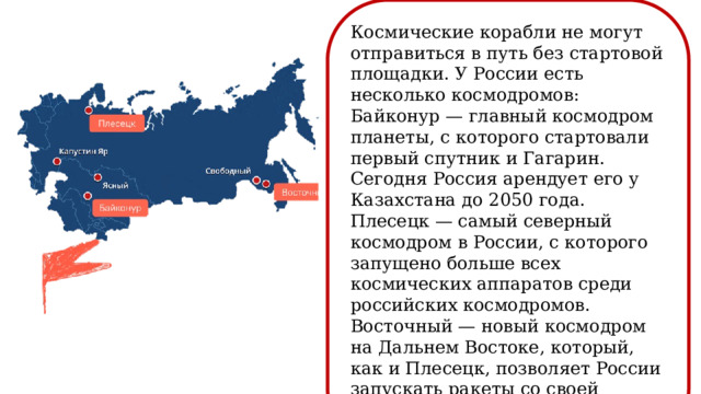 Космические корабли не могут отправиться в путь без стартовой площадки. У России есть несколько космодромов: Байконур — главный космодром планеты, с которого стартовали первый спутник и Гагарин. Сегодня Россия арендует его у Казахстана до 2050 года. Плесецк — самый северный космодром в России, с которого запущено больше всех космических аппаратов среди российских космодромов. Восточный — новый космодром на Дальнем Востоке, который, как и Плесецк, позволяет России запускать ракеты со своей территории. 