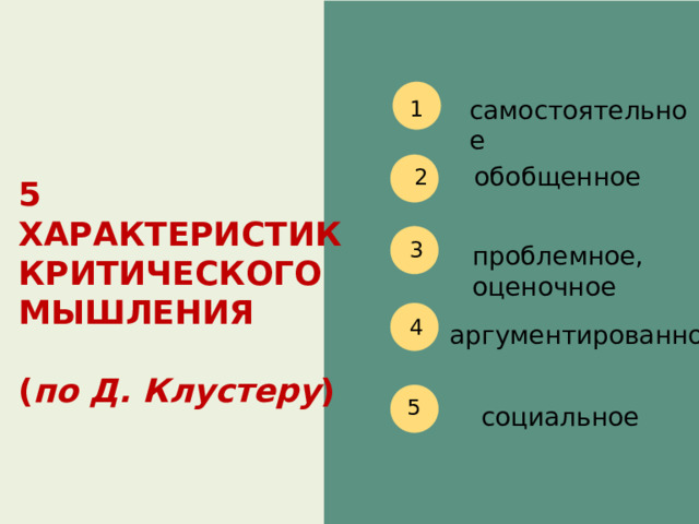 самостоятельное 1 обобщенное 2 5 ХАРАКТЕРИСТИК КРИТИЧЕСКОГО МЫШЛЕНИЯ  ( по Д. Клустеру ) проблемное,  оценочное 3 4 аргументированное 5 социальное 