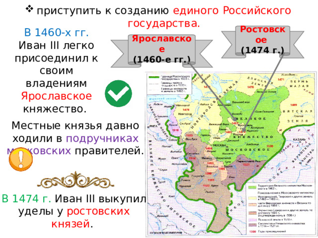 приступить к созданию единого Российского государства. В 1460-х гг. Иван III легко присоединил к своим владениям Ярославское княжество. Ростовское  (1474 г.) Ярославское (1460-е гг.) Местные князья давно ходили в  подручниках московских правителей. В 1474 г. Иван III выкупил уделы у  ростовских князей . 