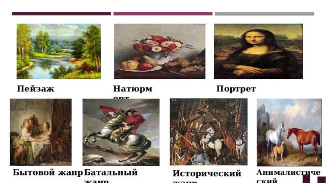Пейзаж Натюрморт Портрет Батальный жанр Бытовой жанр Анималистический Исторический жанр  