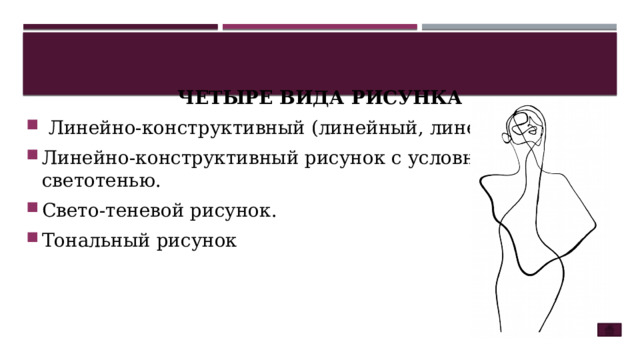 ЧЕТЫРЕ ВИДА РИСУНКА  Линейно-конструктивный (линейный, линеарный). Линейно-конструктивный рисунок с условной светотенью. Свето-теневой рисунок. Тональный рисунок 