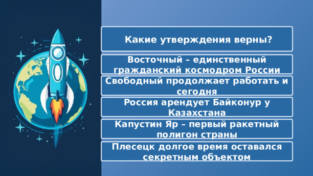   Какие утверждения верны? Восточный – единственный гражданский космодром России Свободный продолжает работать и сегодня Россия арендует Байконур у Казахстана Капустин Яр – первый ракетный полигон страны Плесецк долгое время оставался секретным объектом 