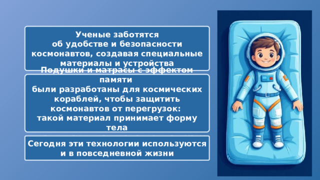 Ученые заботятся об удобстве и безопасности космонавтов, создавая специальные материалы и устройства Подушки и матрасы с эффектом памяти были разработаны для космических кораблей, чтобы защитить космонавтов от перегрузок: такой материал принимает форму тела и равномерно распределяет нагрузку Сегодня эти технологии используются и в повседневной жизни 