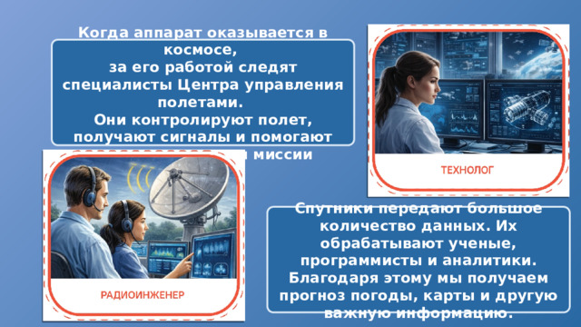 Когда аппарат оказывается в космосе, за его работой следят специалисты Центра управления полетами. Они контролируют полет, получают сигналы и помогают выполнять задачи миссии Спутники передают большое количество данных. Их обрабатывают ученые, программисты и аналитики. Благодаря этому мы получаем прогноз погоды, карты и другую важную информацию. 