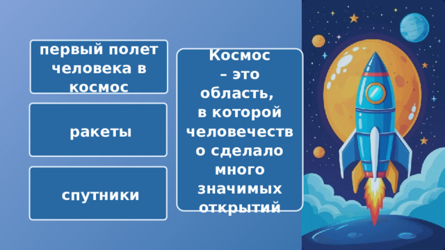  первый полет человека в космос  Космос – это область, в которой человечество сделало много значимых открытий  ракеты  спутники 