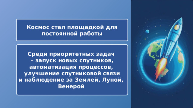  Космос стал площадкой для постоянной работы Среди приоритетных задач – запуск новых спутников, автоматизация процессов, улучшение спутниковой связи и наблюдение за Землей, Луной, Венерой 