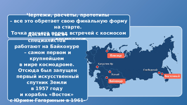 Чертежи, расчеты, прототипы – все это обретает свою финальную форму на старте. Точка отсчета перед встречей с космосом – космодром  Десятки тысяч специалистов работают на Байконуре – самом первом и крупнейшем в мире космодроме. Отсюда был запущен первый искусственный спутник Земли в 1957 году и корабль «Восток» с Юрием Гагариным в 1961-м 
