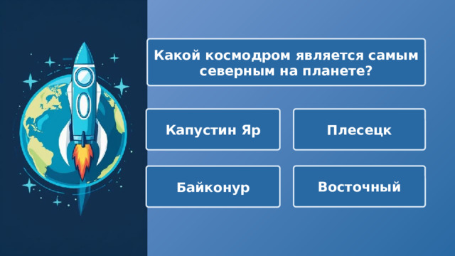 Какой космодром является самым северным на планете? Капустин Яр Плесецк Восточный Байконур 