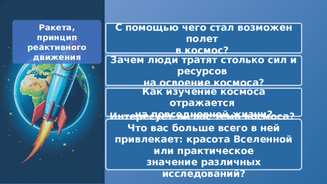  Ракета, принцип реактивного движения С помощью чего стал возможен полет в космос? Зачем люди тратят столько сил и ресурсов на освоение космоса? Как изучение космоса отражается на повседневной жизни? Интересует ли вас тема космоса? Что вас больше всего в ней привлекает: красота Вселенной или практическое значение различных исследований? 