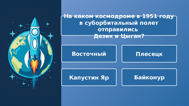  На каком космодроме в 1951 году в суборбитальный полет отправились Дезик и Цыган? Восточный Плесецк Байконур Капустин Яр 
