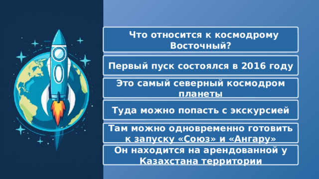   Что относится к космодрому Восточный? Первый пуск состоялся в 2016 году Это самый северный космодром планеты Туда можно попасть с экскурсией Там можно одновременно готовить к запуску «Союз» и «Ангару» Он находится на арендованной у Казахстана территории 
