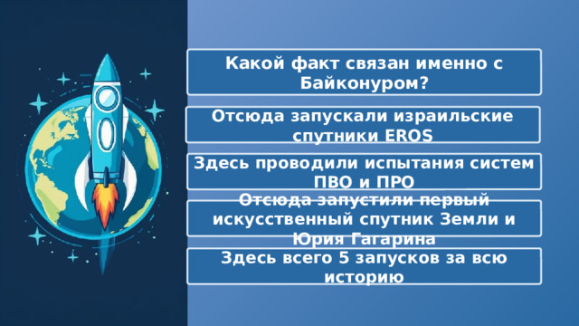  Какой факт связан именно с Байконуром? Отсюда запускали израильские спутники EROS Здесь проводили испытания систем ПВО и ПРО Отсюда запустили первый искусственный спутник Земли и Юрия Гагарина Здесь всего 5 запусков за всю историю 
