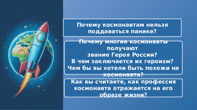  Почему космонавтам нельзя поддаваться панике? Почему многие космонавты получают звание Героя России? В чем заключается их героизм? Чем бы вы хотели быть похожи на космонавта? Как вы считаете, как профессия космонавта отражается на его образе жизни? 